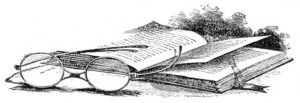 line drawing of open book and eyeglasses