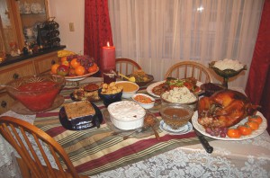 Table full of Thanksgiving foods