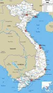 Map of Vietnam with red stars to pinpoint places we visited
