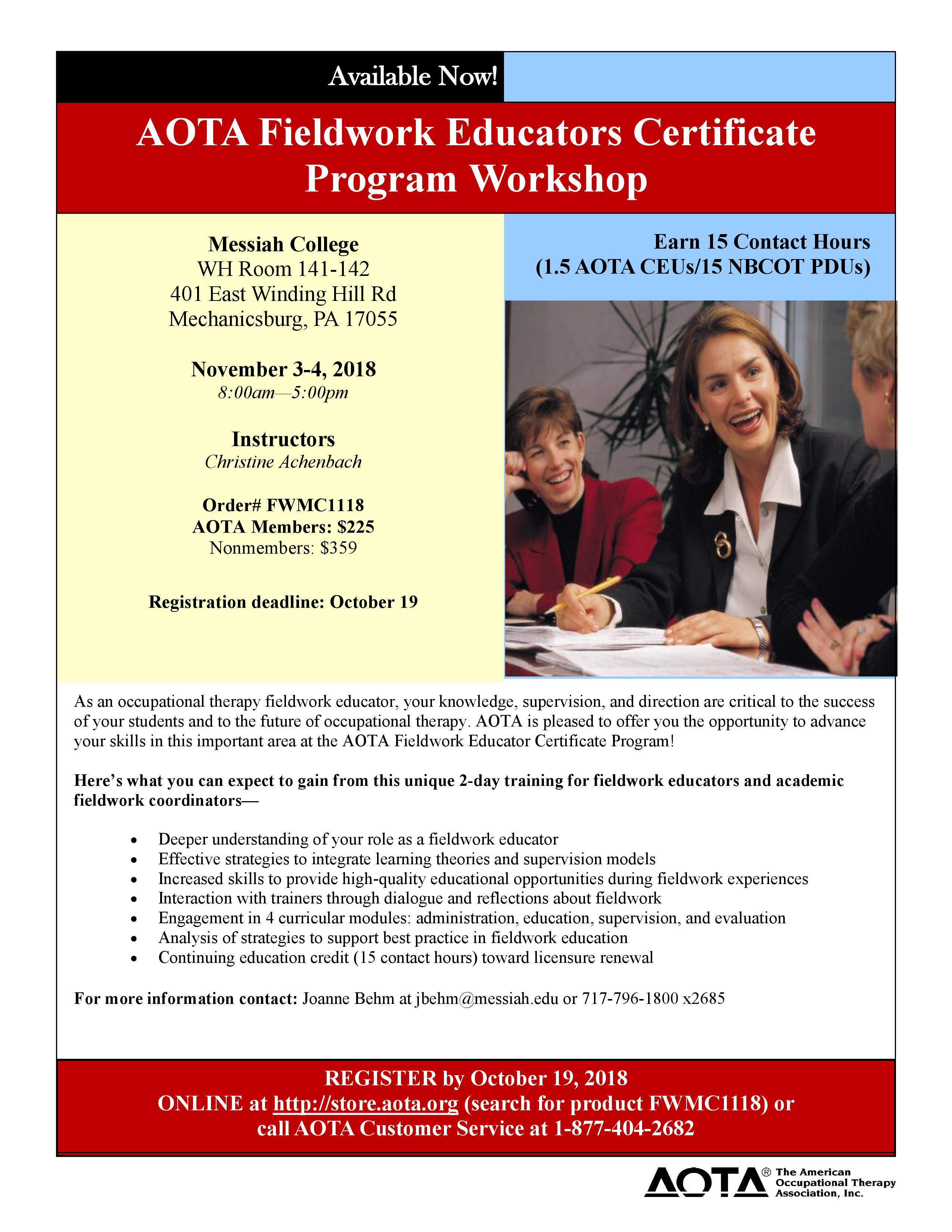 Flyer for Fieldwork Educator Certificate Program in November 2018